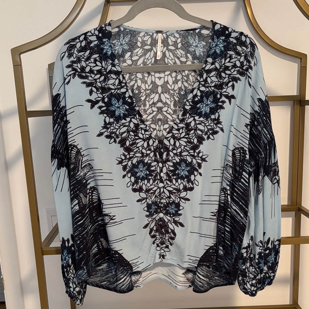 Free People Black and Blue Floral V-Neck Blouse